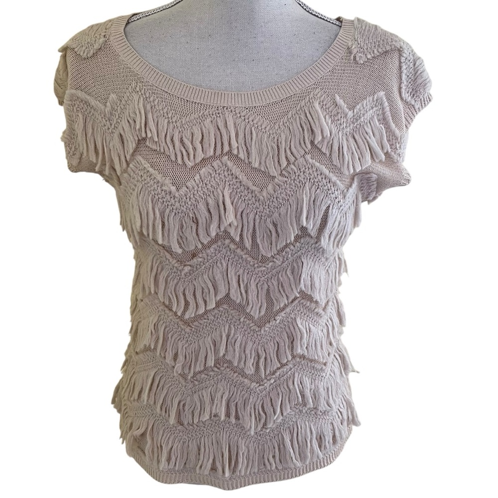 Anthropologie Yellow Bird Cream Cap Sleeve Sweater with Diagonal Fringe S